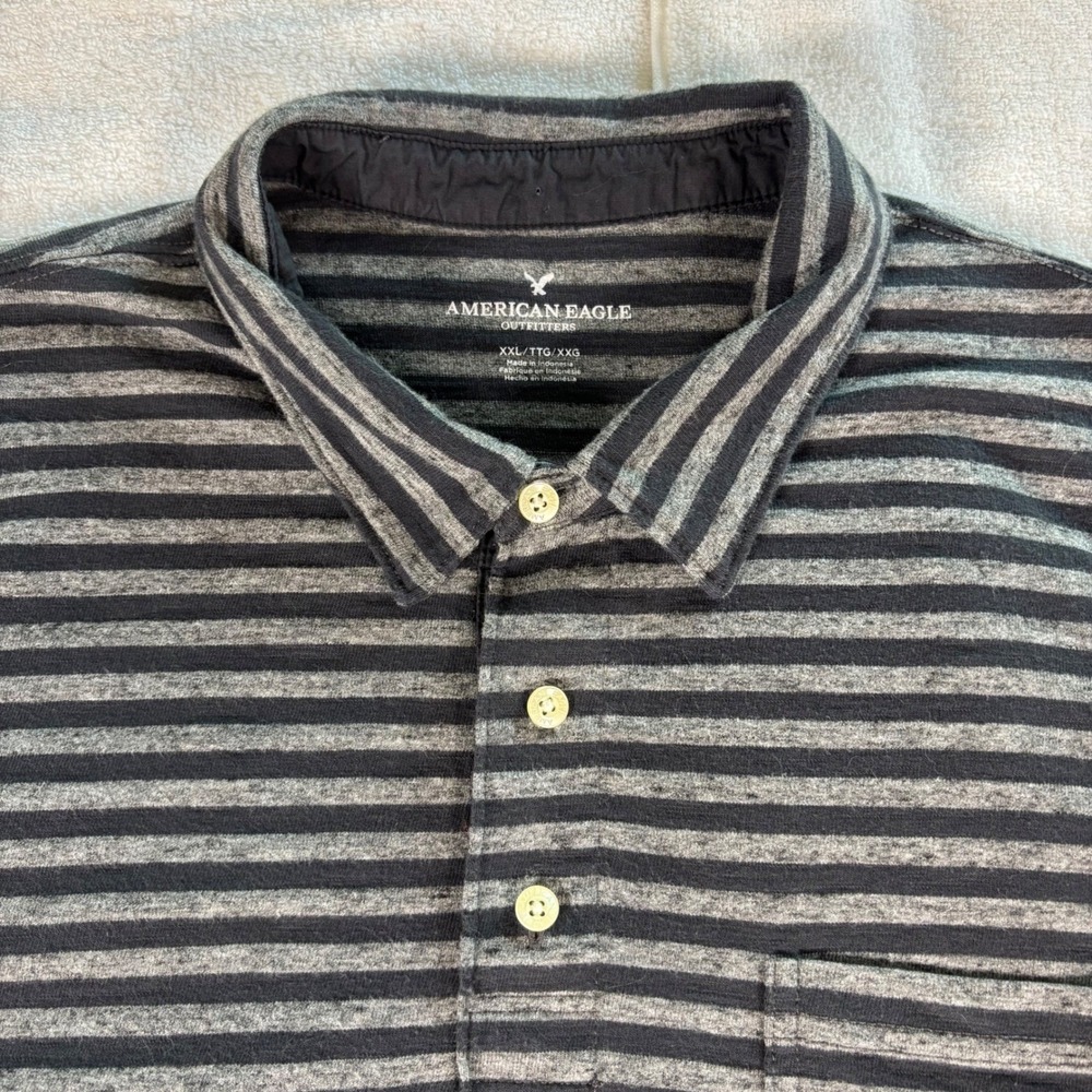 American Eagle Polo Shirt Mens XXL Black Grey Striped Short Sleeve Pocket Preppy